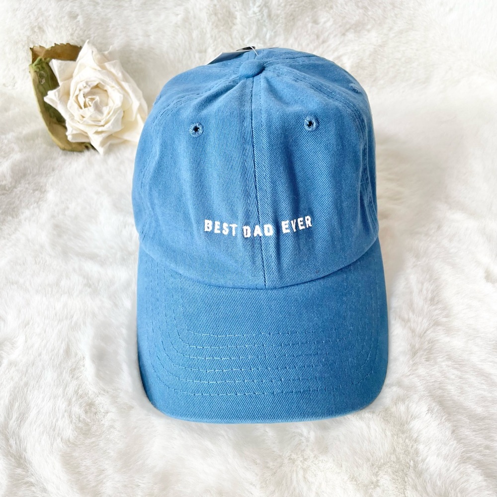 New with tags “BEST DAD EVER” HAT. Blue. Adjustable with snap and tuck in back